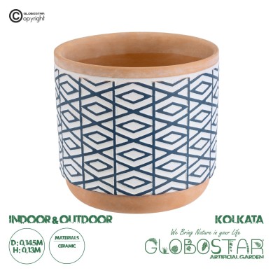 GloboStar® Artificial Garden KOLKATA 20525 Διακοσμητικό Κεραμικό Κασπώ Γλάστρα - Flower Pot Λευκό με Μπλε και Μπεζ Φ14.5 x Υ13cm